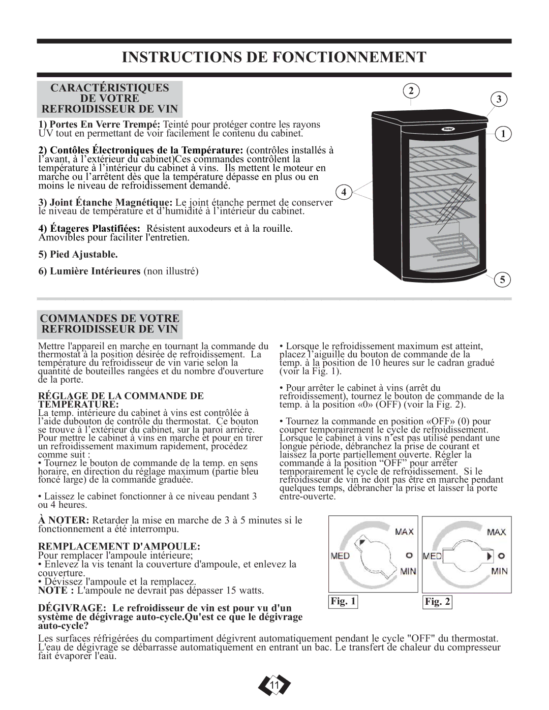 Danby DWC350BLPA Instructions De Fonctionnement, Caractéristiques DE Votre Refroidisseur DE VIN, Remplacement Dampoule 